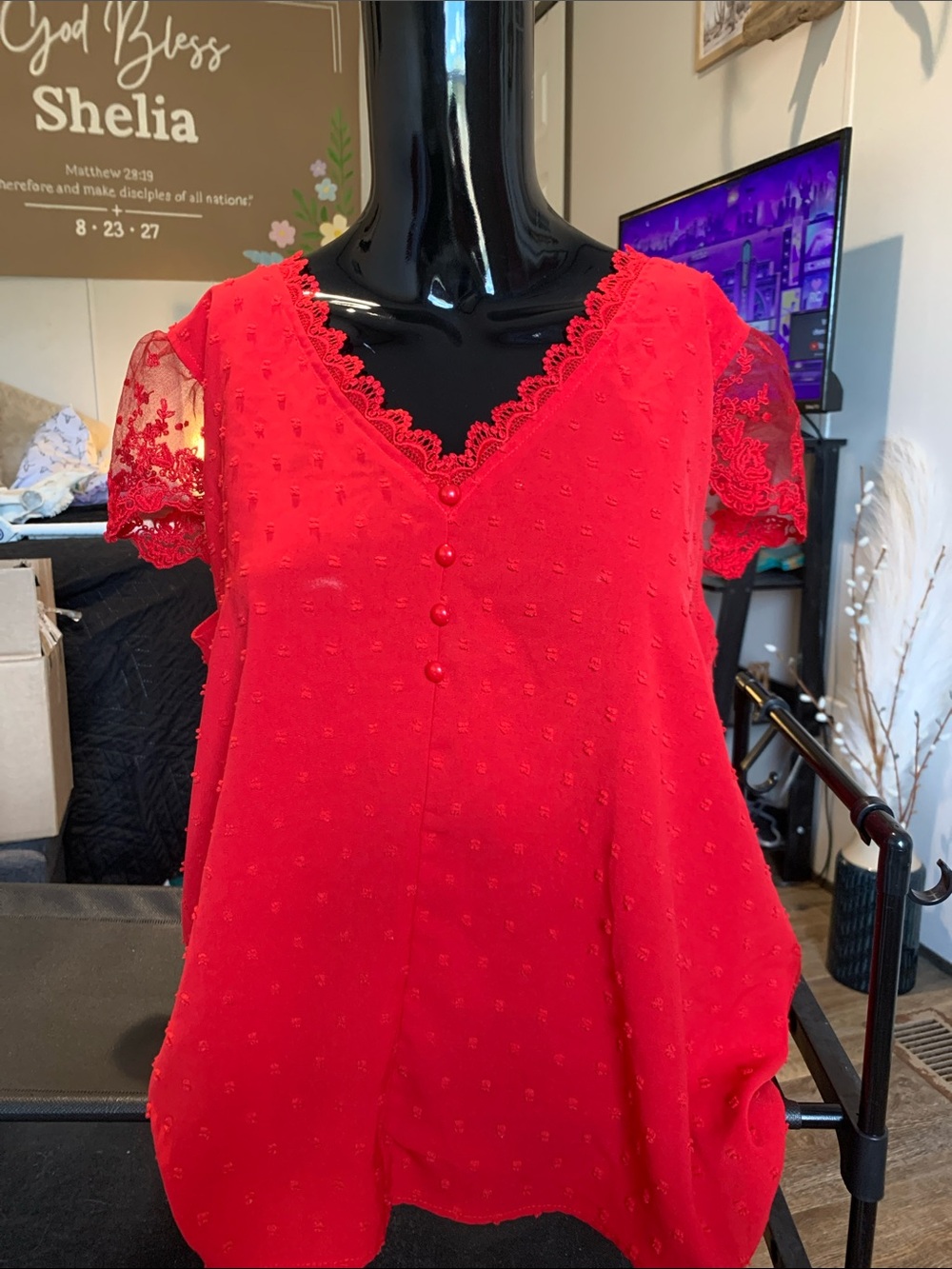 #142 Red Lace Sleeve V-Neck Blouse